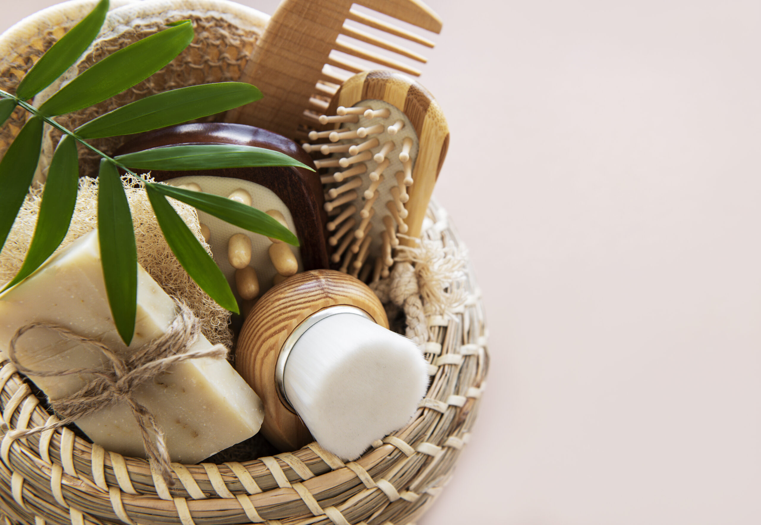 Zero waste natural cosmetics products on light brown background. Top view
